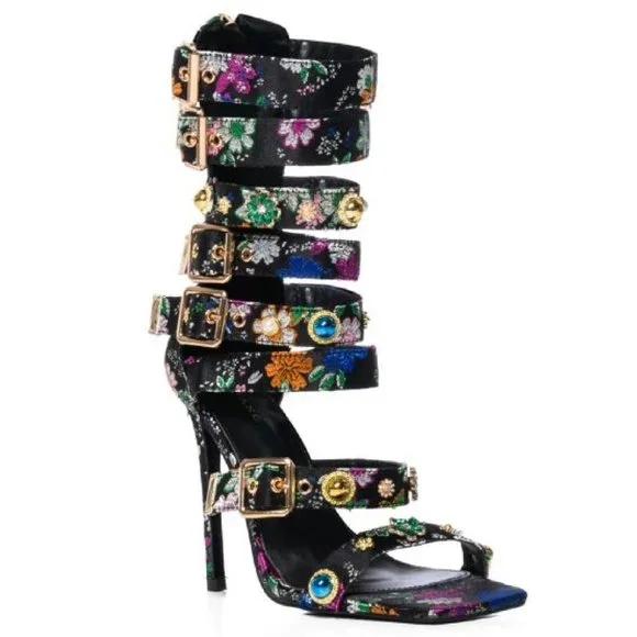 Floral Multi-Color Strappy Heels - Picture 4 of 14